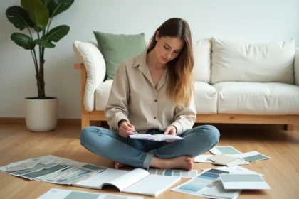 Femme planifiant l'aménagement de sa maison avec des échantillons de tissus et un carnet de budget sur le parquet
