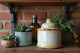 Ancien fusible en céramique exposé en décoration sur une étagère en bois brut avec des plantes succulentes et un mur en briques apparentes