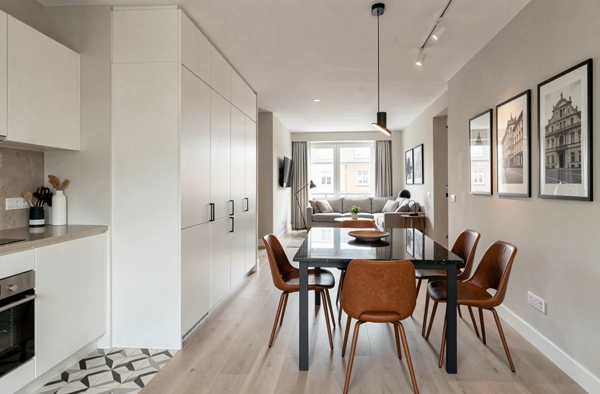 Séjour rénovée par AP Architecture, agence référencée dans le 92, avec meuble sur-mesure laqué blanc et table en granit noir