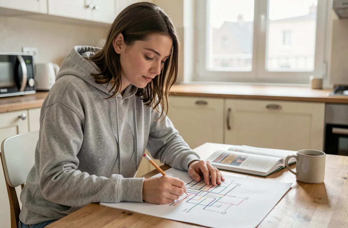 Jeune femme apprenant à lire un schéma électrique va-et-vient dessiné à la main sur du papier quadrillé à la maison