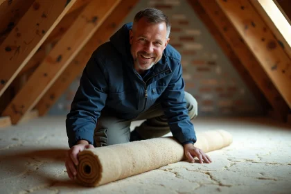 Artisan homme isolant un grenier en rénovation