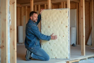 Artisan posant une panneau d'isolation sur un mur en construction
