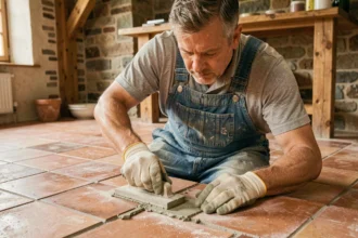 Artisan appliquant un joint à la chaux entre des carreaux de terre cuite dans une cuisine rénovée