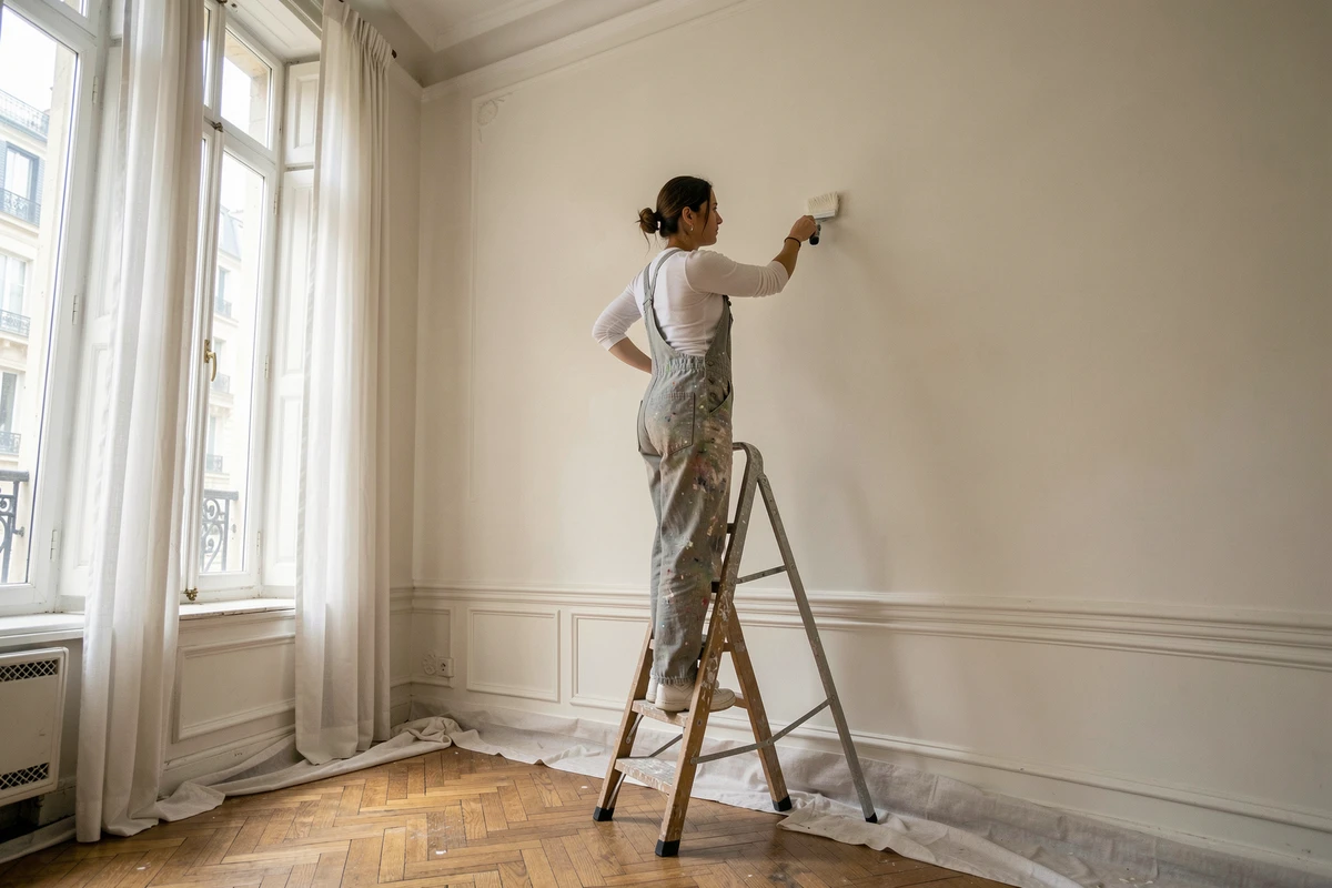 Artisane peintre en bâtiment appliquant une couche de peinture dans un appartement nantais