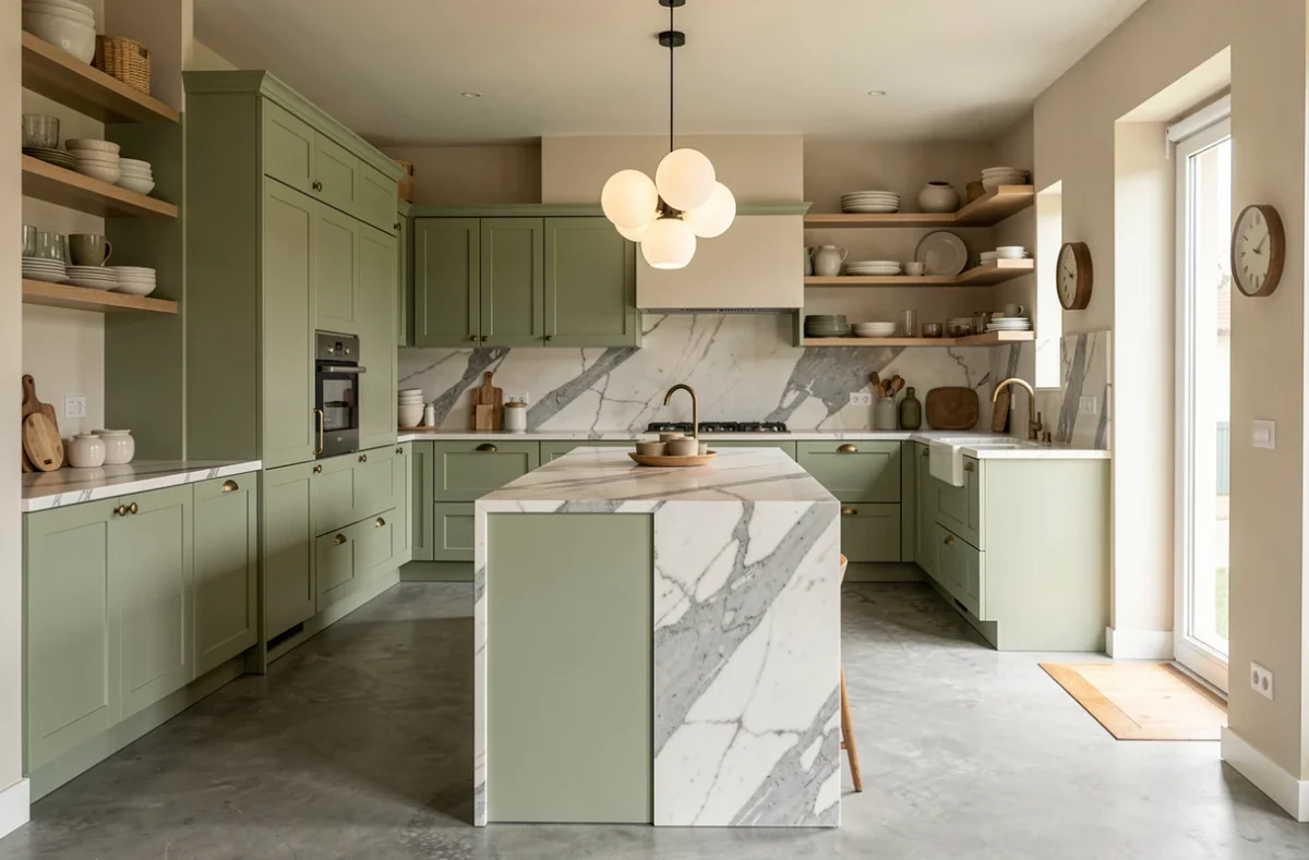 Cuisine rénovée par l'Atelier2C de Céline Clochet à Bagneux, avec façades vert sauge et plan de travail en marbre Calacatta
