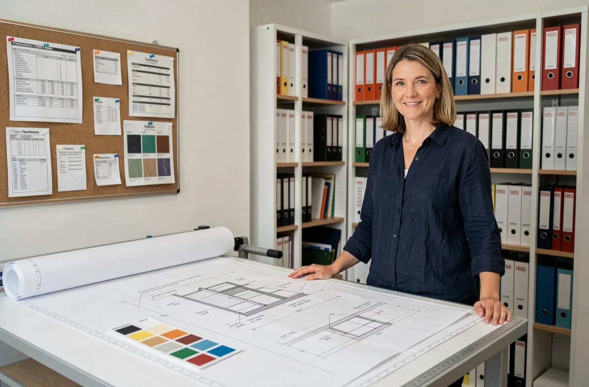 Architecte du bureau d'étude Athemes dans les Hauts-de-Seine devant une table à dessin couverte de plans techniques annotés