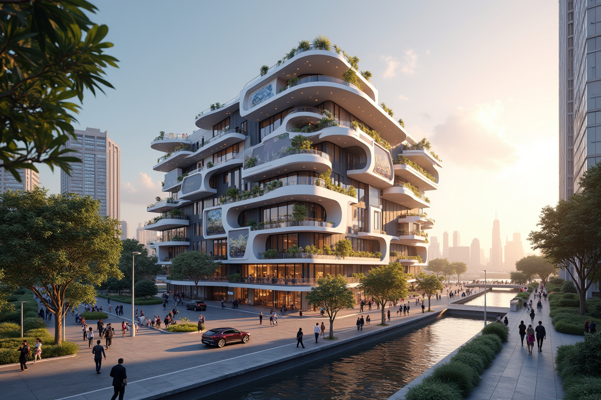 Bâtiment innovant en 2050 avec architecture modulaire et piétons sur passerelles