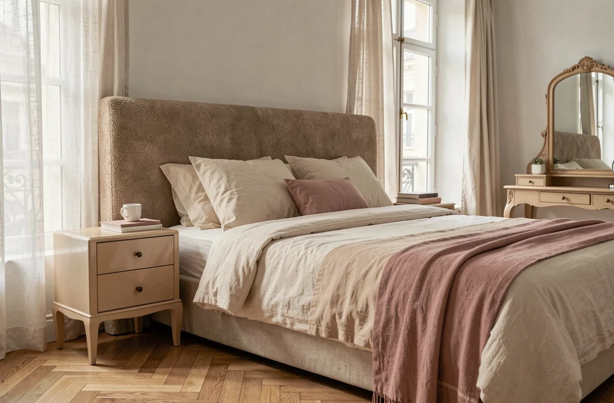 Chambre principale rénovée par Bineau Maison de Cendrine Dominguez à Levallois-Perret, avec tête de lit en bouclé et parquet en chevrons