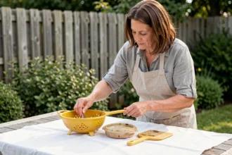 Femme disposant des objets en plastique jauni sur une table de jardin pour les blanchir au soleil