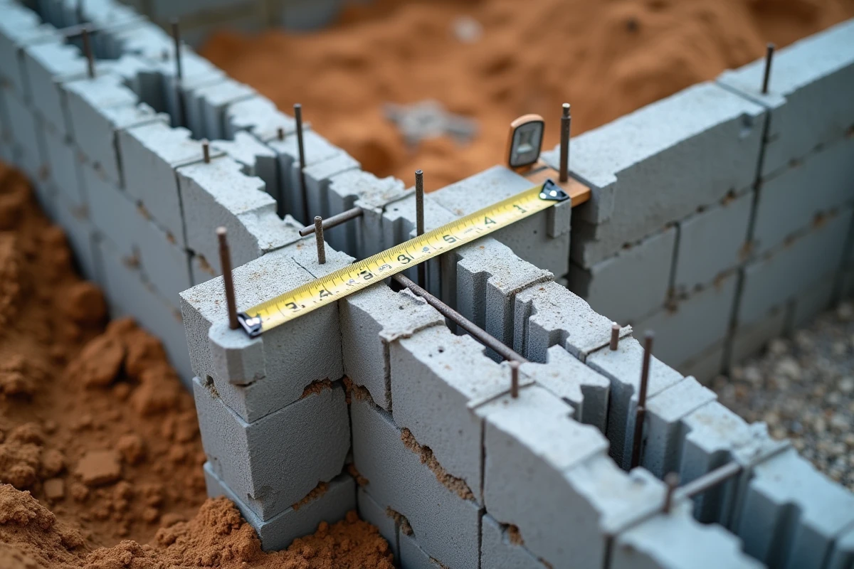 Détail de blocs à bancher posés sur une semelle béton armée pour la construction d'un mur de clôture