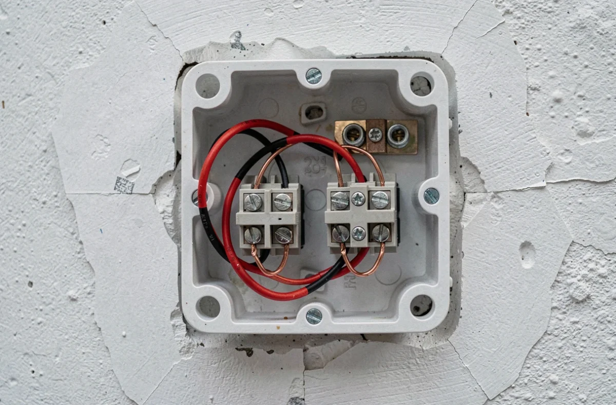 Boîtier électrique ouvert révélant le câblage d'un circuit va-et-vient avec fils colorés et borniers d'interrupteurs