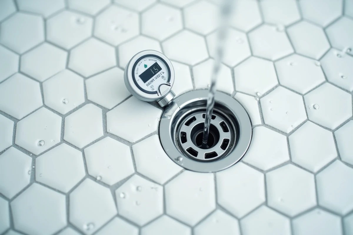Gros plan sur une bonde de douche en carrelage blanc avec compteur de débit d'eau affichant la consommation en litres