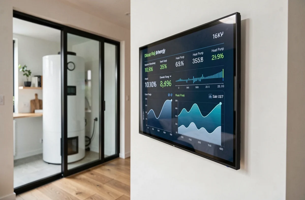 Tableau de bord numérique affichant le budget de consommation d'une pompe à chaleur air-eau 16 kW