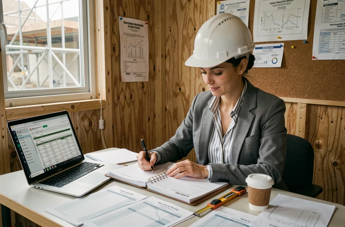 Femme conductrice de travaux analysant un budget de construction dans un bureau de chantier