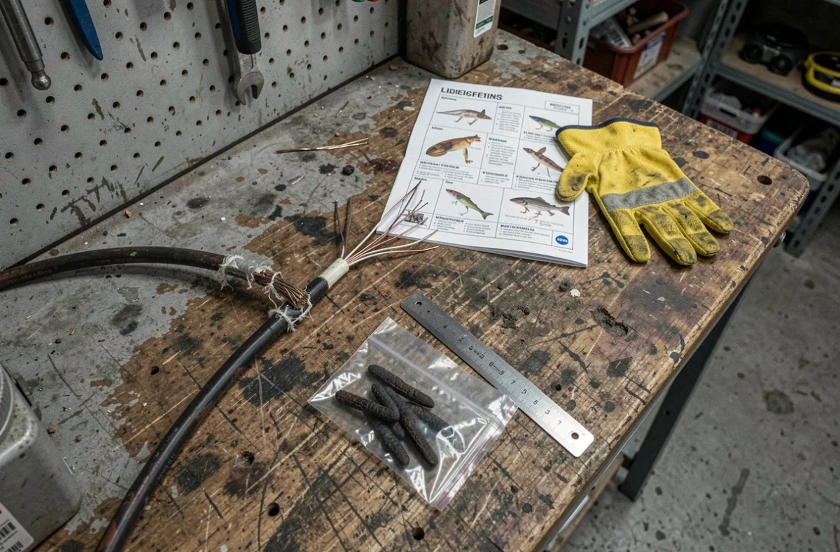 Câble électrique rongé par une fouine posé à côté de crottes identifiées sur un établi d'atelier