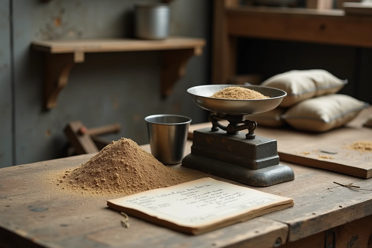 Balance artisanale et mesures de sable sur un établi de maçon, illustrant le calcul du poids du sable au mètre cube