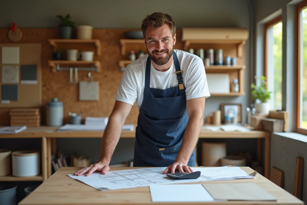 Homme consultant des plans de sol et des échantillons de carrelage pour calculer la superficie nécessaire avant achat