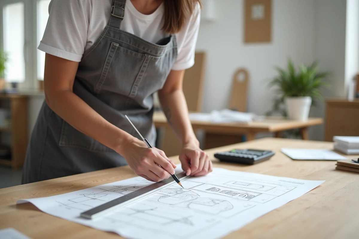 Femme calculant une surface en millimètres sur du papier millimétré avec une règle métallique et une calculatrice
