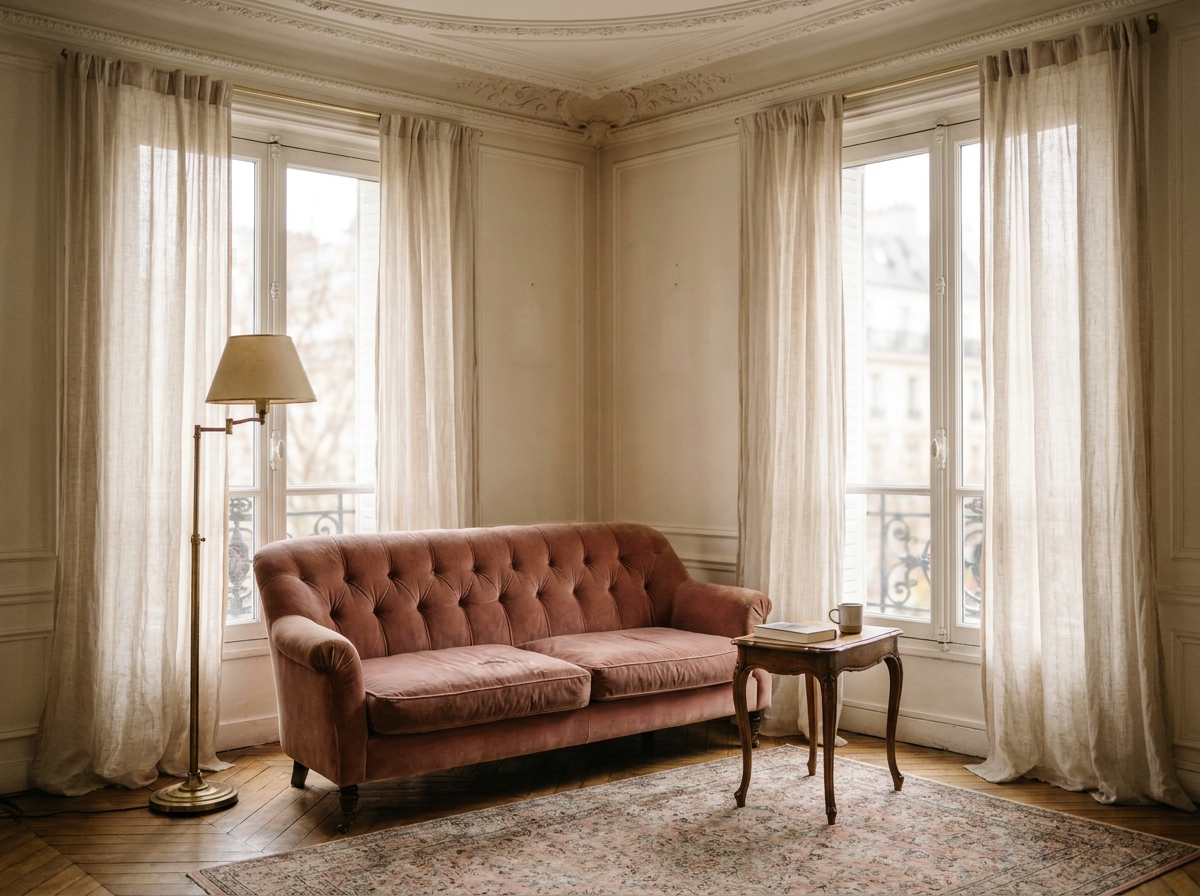 Canapé capitonné rose poudré en velvet vieilli dans un appartement haussmannien avec moulures et fenêtres françaises