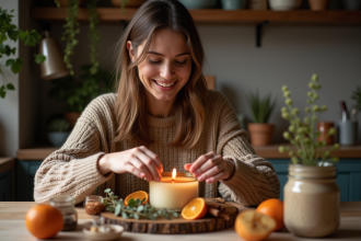 Femme souriante préparant une bougie artisanale chaleureuse