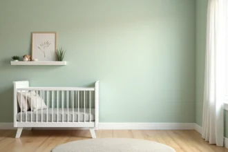 Chambre bébé sécurisée avec lit en bois blanc, décoration minimaliste et murs vert sauge pour éviter les erreurs de déco dangereuses