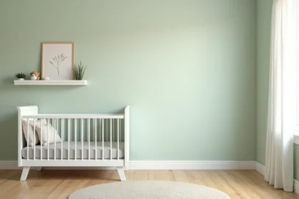 Chambre bébé sécurisée avec lit en bois blanc, décoration minimaliste et murs vert sauge pour éviter les erreurs de déco dangereuses