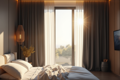 Chambre moderne lumineuse avec lit blanc et lumière du matin