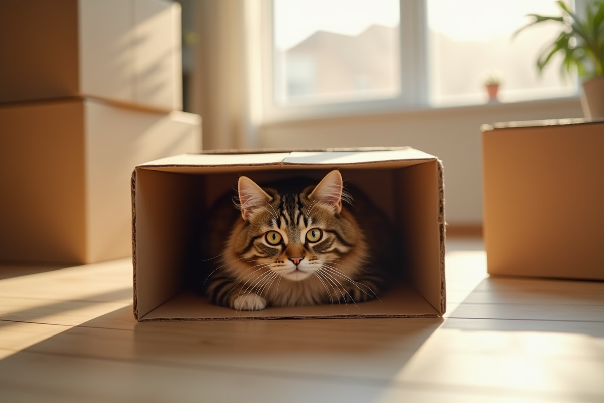 Chat tabby caché sous une boîte en carton dans un salon ensoleille