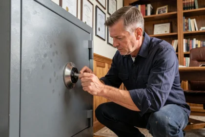 Serrurier professionnel inspectant un coffre fort à poser dans un bureau à domicile