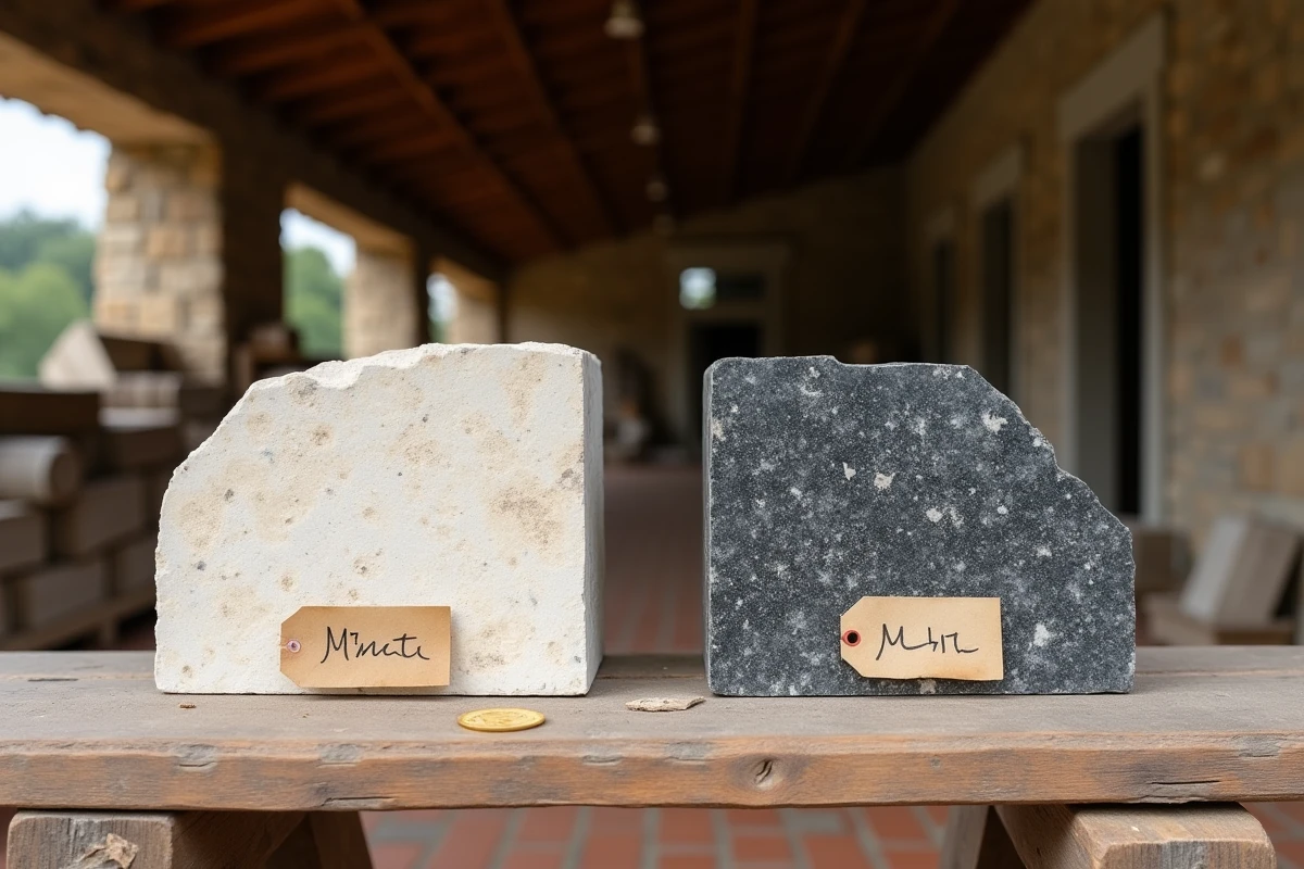 Comparaison d'un moellon calcaire et d'un bloc de granit posés sur un établi en bois dans une carrière française