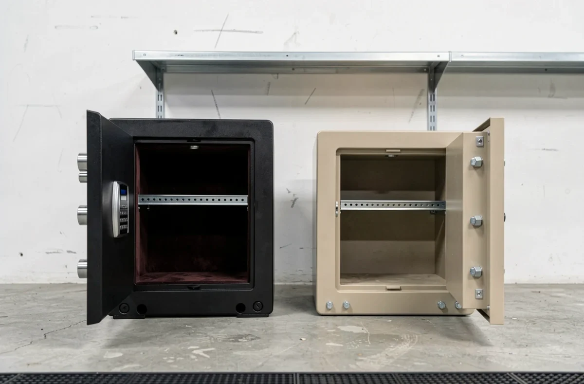 Comparaison côte à côte d'un coffre fort à poser et d'un coffre fort scellé en showroom