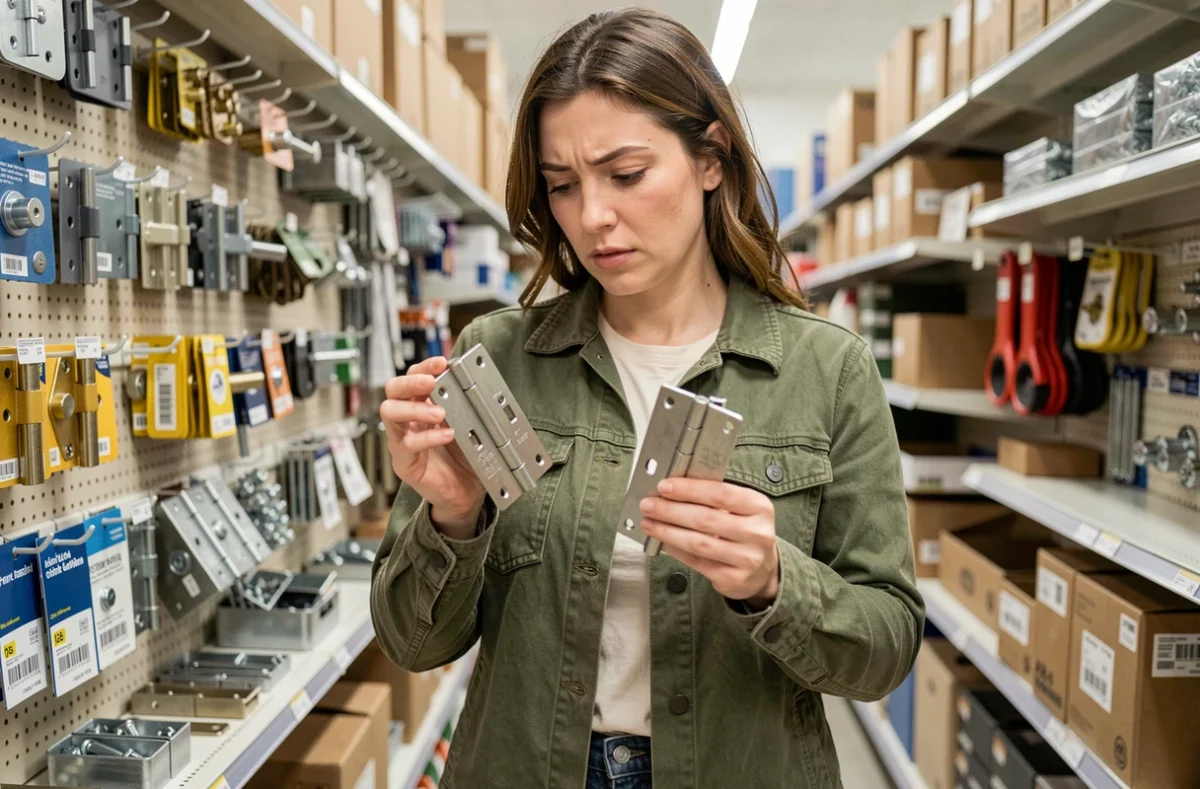 Femme comparant deux gonds de porte différents dans un rayon quincaillerie