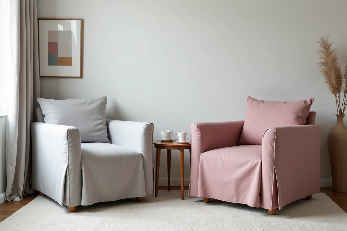 Comparaison entre une housse extensible universelle et une housse sur mesure en lin sur deux fauteuils scandinaves