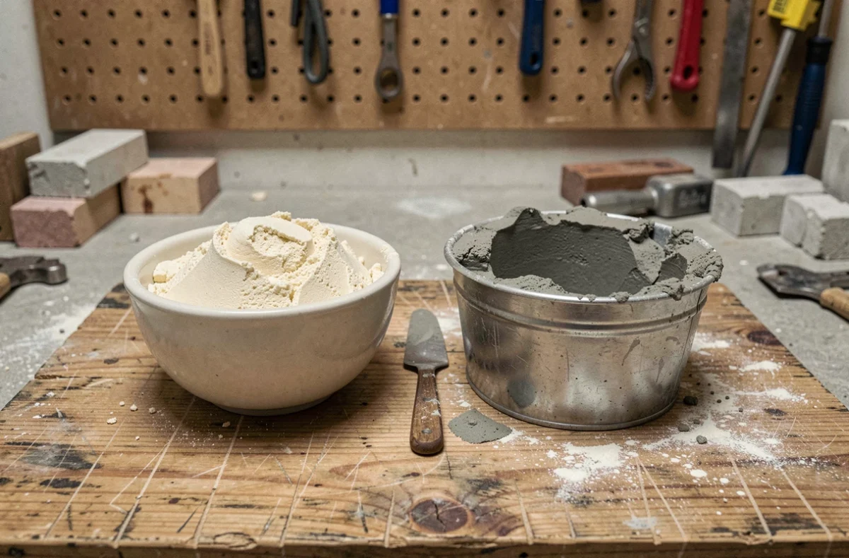 Comparaison entre un joint à la chaux et un mortier ciment posés sur un établi d'artisan