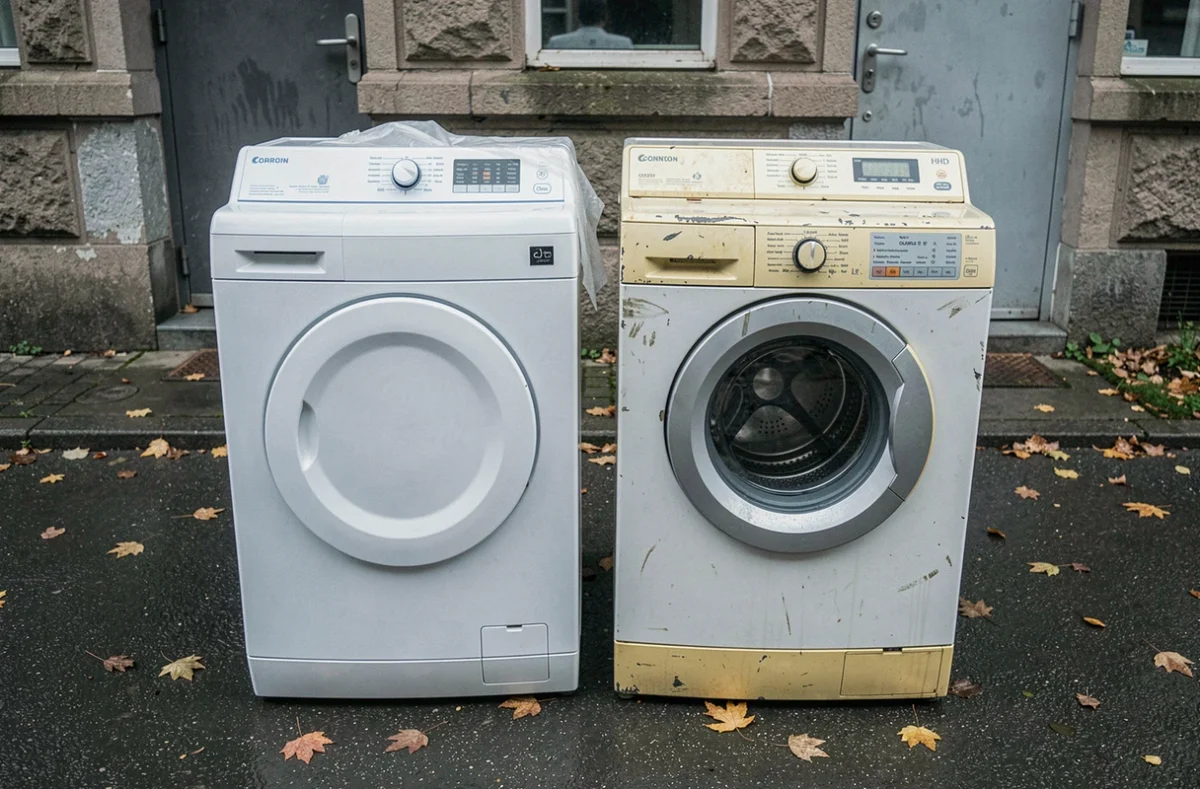 Comparaison côte à côte d'un lave-linge neuf et d'un lave-linge d'occasion sur un trottoir urbain, illustrant la différence d'état et de valeur