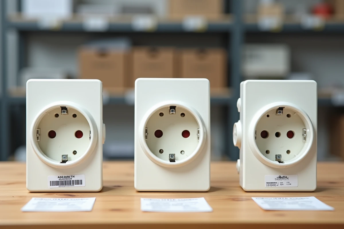 Comparaison de trois modèles de prises pour goulotte électrique sur un établi avec fiches techniques