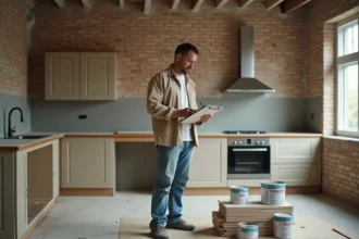 Homme comparant les prix de matériaux de rénovation dans une cuisine en travaux avec carrelage et pots de peinture