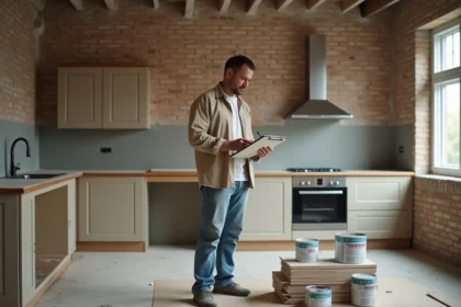 Homme comparant les prix de matériaux de rénovation dans une cuisine en travaux avec carrelage et pots de peinture
