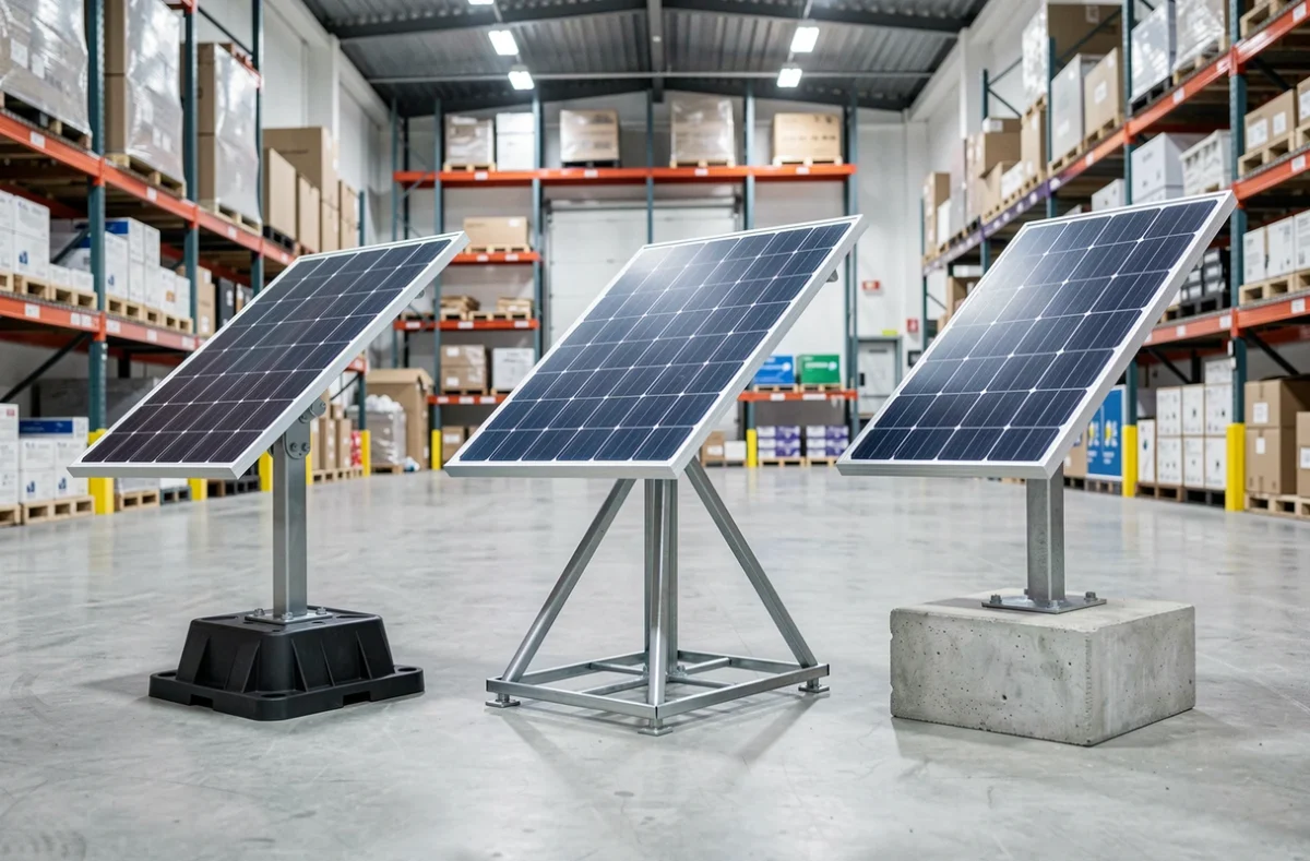 Comparaison de trois types de supports pour panneaux solaires au sol dans un showroom spécialisé