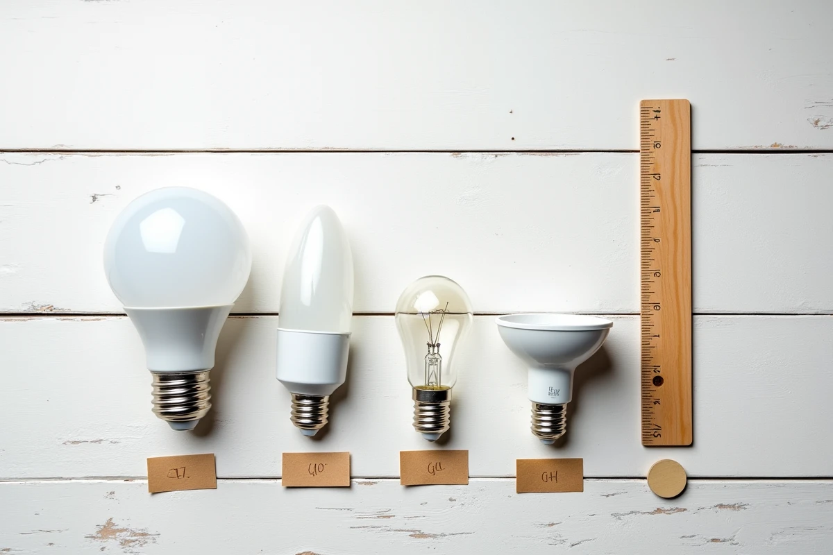 Comparaison de différentes tailles d'ampoules E27 E14 GU10 et filament posées sur une table en bois avec règle et fiche technique