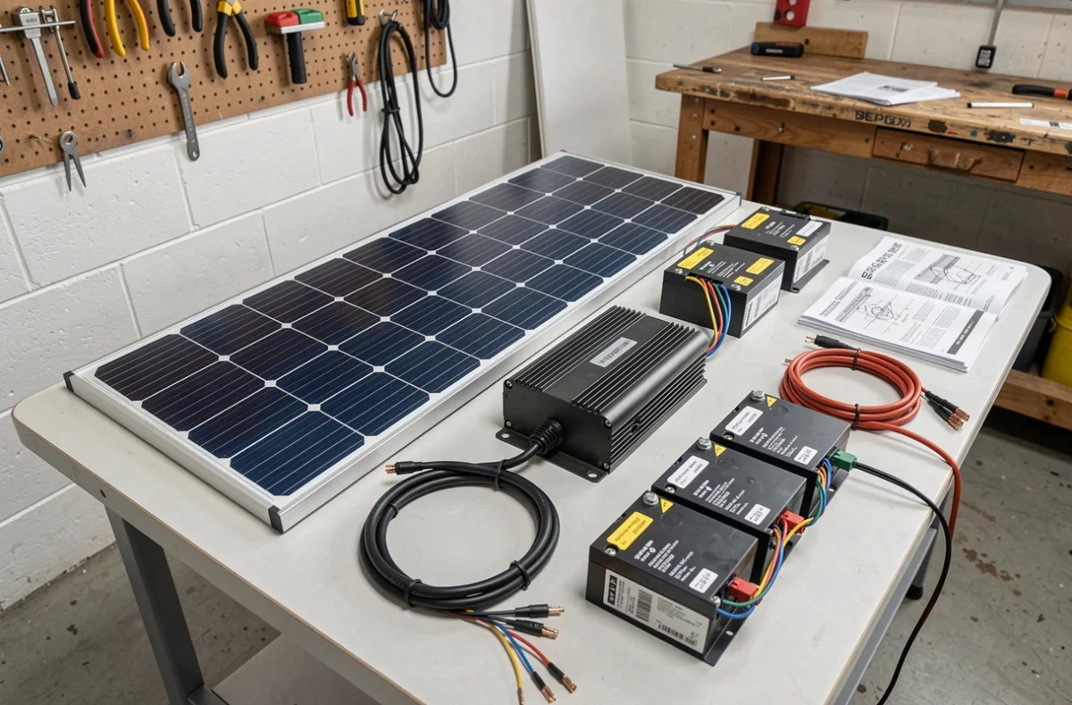 Composants d'un kit panneau solaire pour maison autonome disposés sur un établi d'atelier