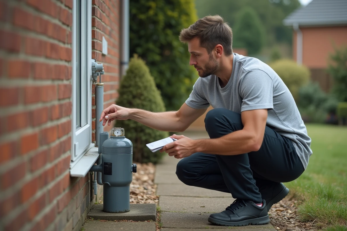 Homme inspectant un compteur d'eau résidentiel pour surveiller sa consommation en mètres cubes