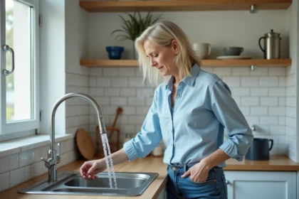 Femme regardant l'eau couler du robinet de cuisine, illustrant la consommation d'eau quotidienne excessive