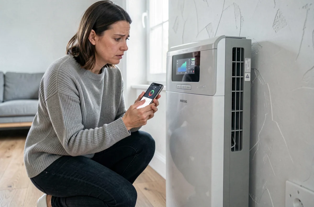 Femme vérifiant le panneau d'affichage d'une pompe à chaleur murale intérieure avec son smartphone