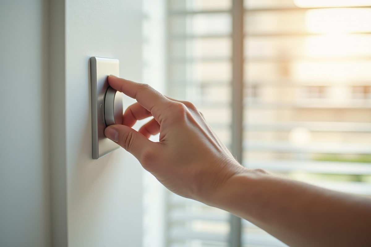 Mains ajustant le interrupteur de volet roulant dans une pièce lumineuse