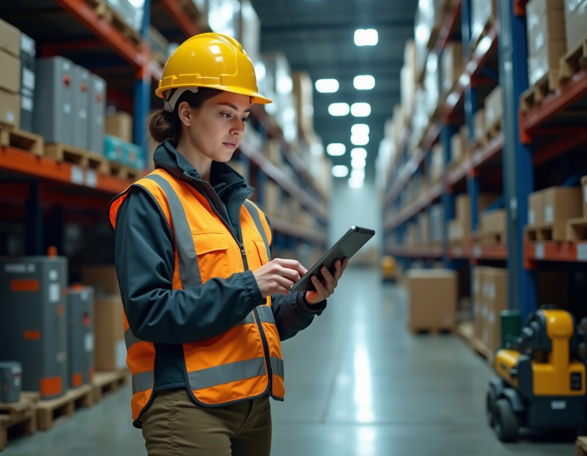 Coordinatrice logistique vérifiant une commande de location d'outils dans un entrepôt de matériel de chantier