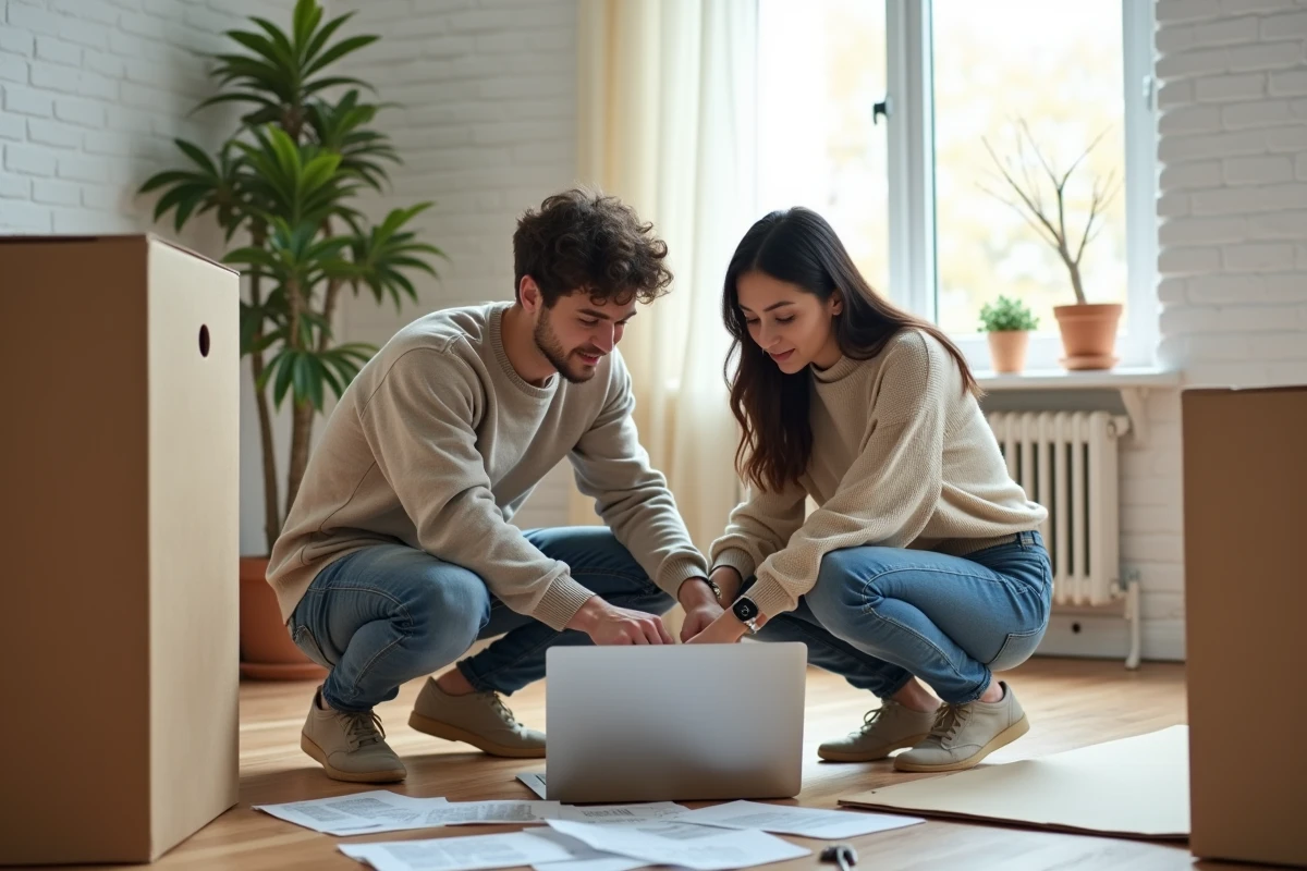 Couple de débutants consultant un tutoriel de bricolage en ligne pour assembler des meubles en kit dans leur appartement