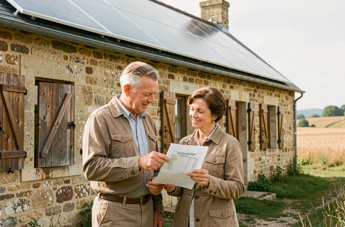 Couple de propriétaires examinant un devis pour l'installation d'un kit solaire sur leur maison autonome rurale