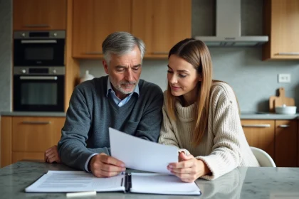 Couple regarde leurs factures d energie à la cuisine