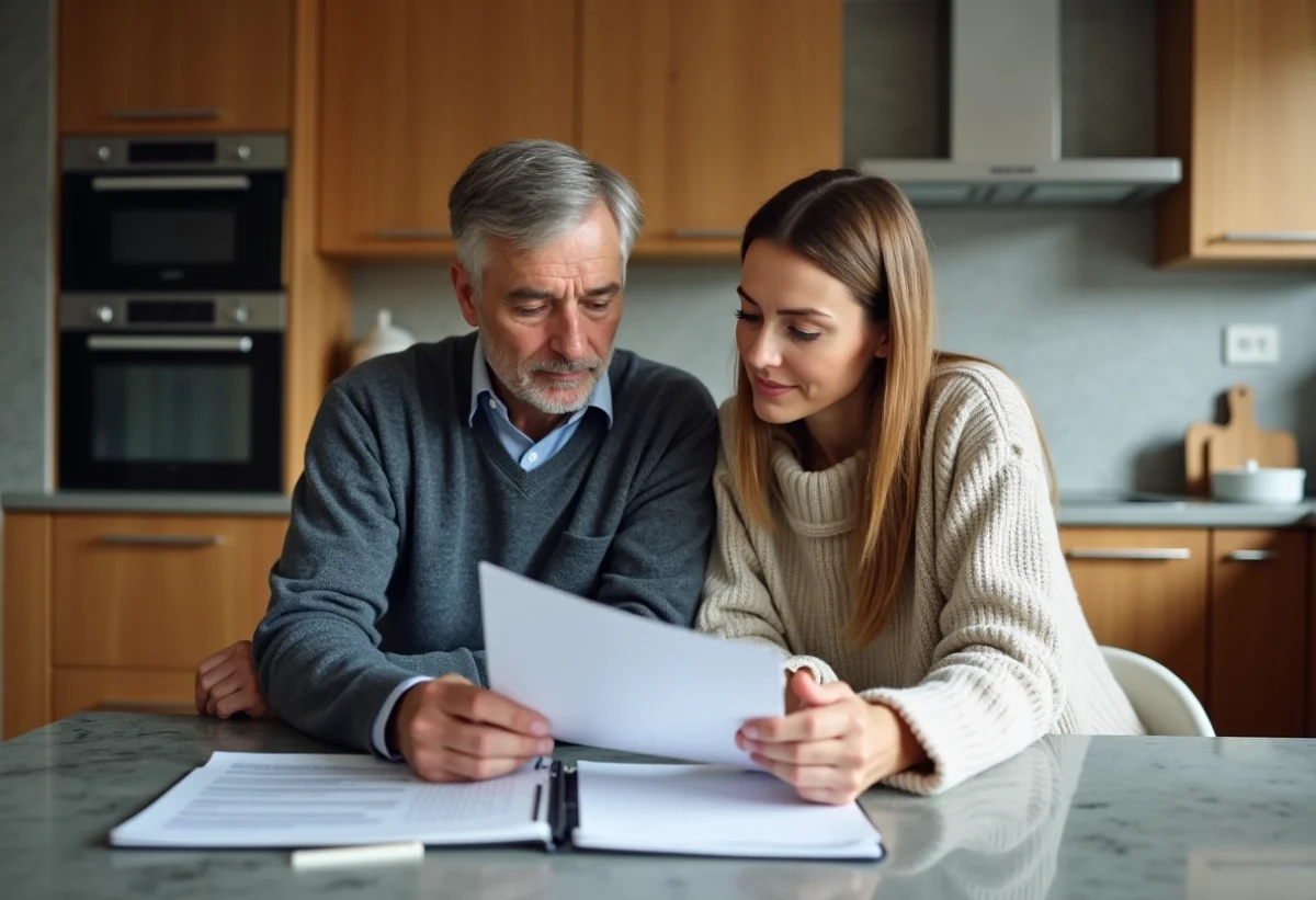 Couple regarde leurs factures d energie à la cuisine